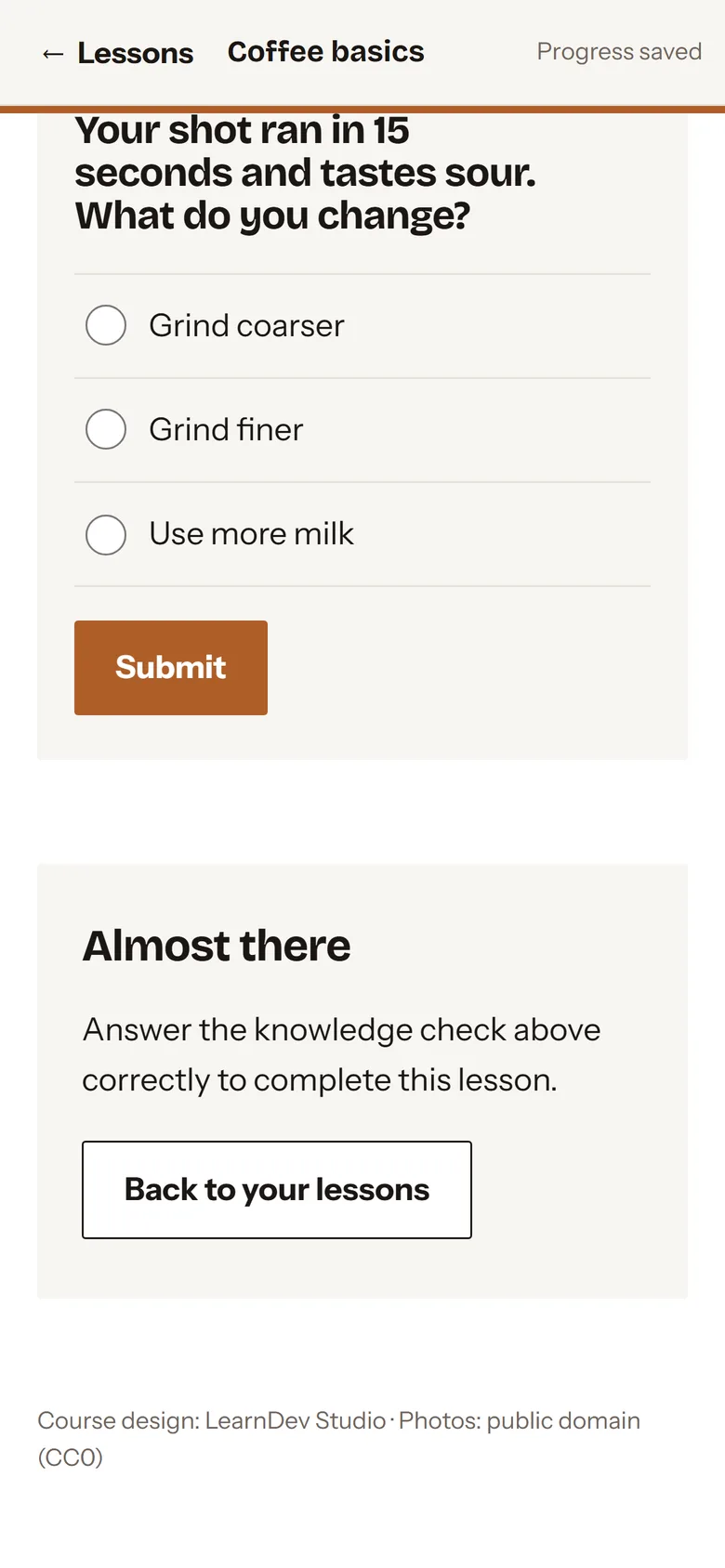 Knowledge check question with three answers